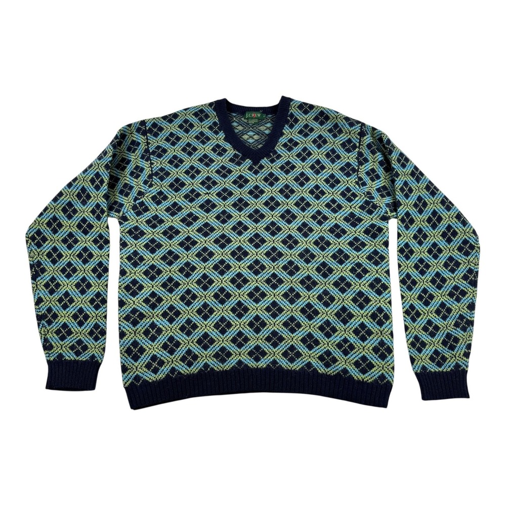 Vtg 90's J Crew Sweater Mens Large Blue Green Lambs Wool Argyle Geometric